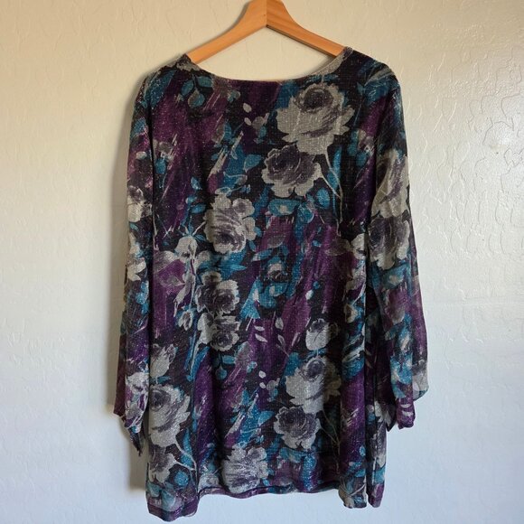 Susan Graver Occasions Foil Printed Knit Tie-Sleeve Blouse Top Plum/Teal 3X NWOT - Picture 8 of 11